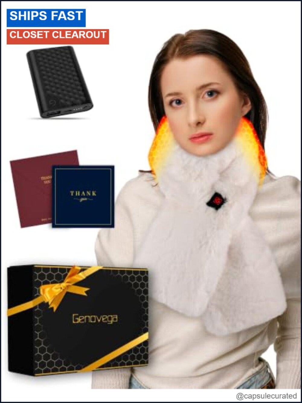 Heated Faux Fur Scarf Women Rechargeable Shawl with Power Bank
